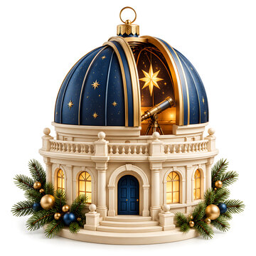 Whimsical observatory building decorated for the holidays with a telescope inside
