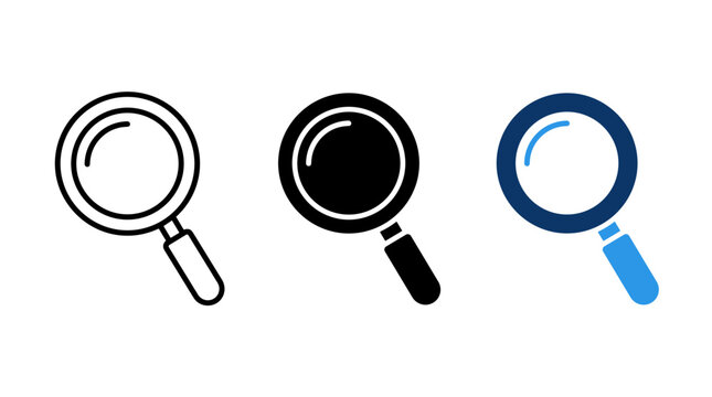 Set of three magnifying glass icons in line art solid black and blue styles with research