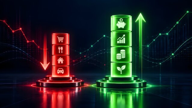 Financial concept comparing decreasing consumer expenses in red and increasing investment savings with sustainable growth in green on digital stock market background