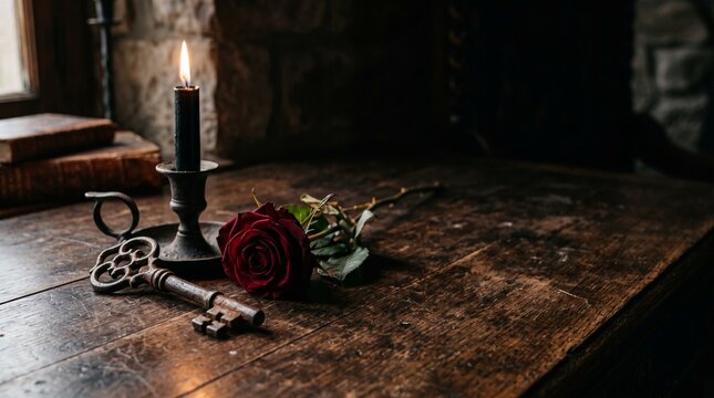 Vintage Skeleton Key, Red Rose, and Burning Black Candle on Rustic Wooden Table for Gothic Halloween Concept