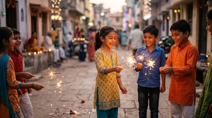 Fototapeta premium Happy Indian children celebrating Diwali festival with sparklers on a decorated street.