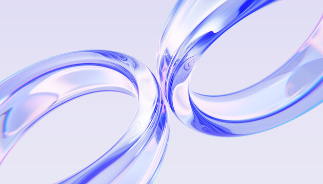 Abstract blue glass circle 3D shapes on light background. Holography transparent curve lines, fluid motion, glossy texture. Modern futuristic digital design, tech banner, wallpaper. 3D illustration
