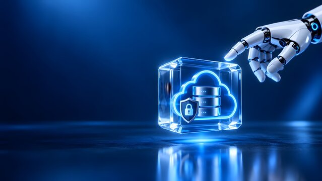 Futuristic robotic hand interacting with a glowing digital cube containing secure cloud database servers and a protective padlock icon for data privacy