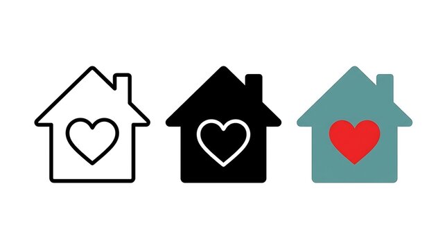 Set of House Icons with Hearts for Real Estate and Home Concepts.
