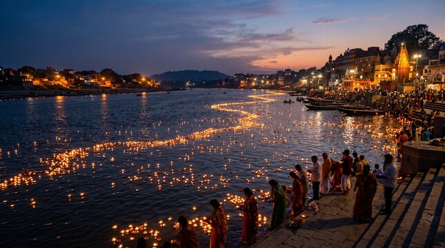 Hindu devotees floating lighted oil lamps in sacred river Ganges during evening prayer ritual.