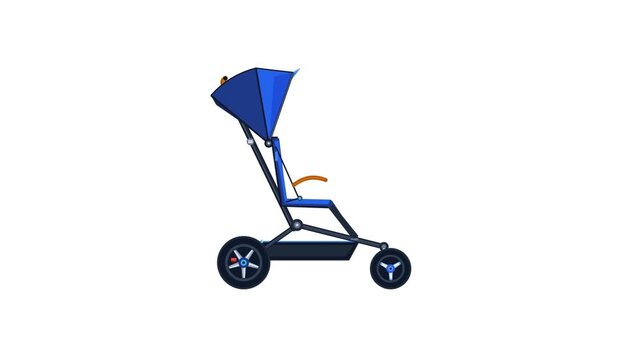 Still Shot of a Modern Blue Baby Stroller with Canopy on White Background