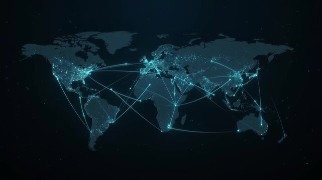 Global network of connections illustrated on a world map with interconnected lines and glowing nodes, representing digital communication and international trade
