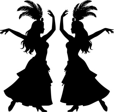 Black silhouettes of two cabaret showgirls in feathered headdresses and tiered dresses - design for carnival party invitations, dance studio posters, and retro theater flyers. Transparent EPS version.