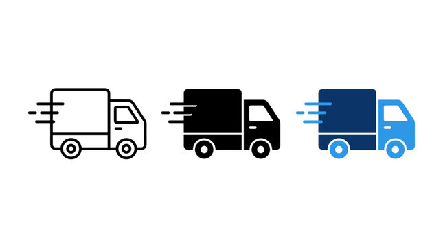 Set of three fast moving delivery truck icons in outline solid and colorful