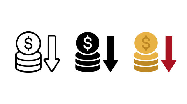 Set of three decreasing dollar coin stack icons in outline solid and colorful