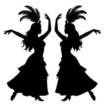 Black silhouettes of two cabaret showgirls in feathered headdresses and tiered dresses - design for carnival party invitations, dance studio posters, and retro theater flyers. Transparent PNG version.
