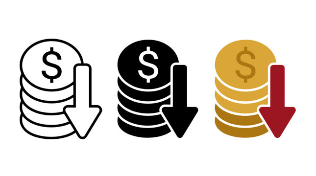 Set of three dollar coin stack icons with downward arrow for financial loss