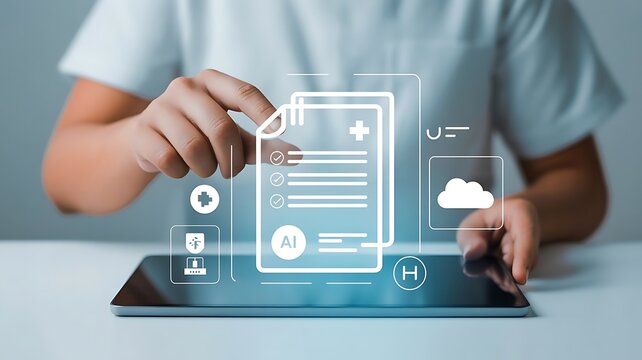 Person using a digital tablet to access electronic medical records and healthcare data management system