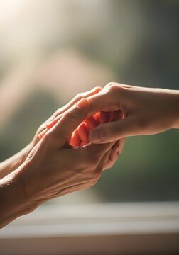 Two people holding hands gently with warm sunlight illuminating skin in a compassionate embrace