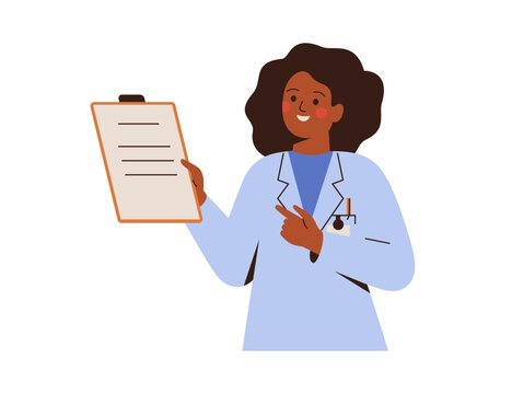 black female Doctor holding clipboard. woman Physician showing medical documents, lab test referral, prescription papers, checkup notes in hands. Flat vector illustration isolated on white background