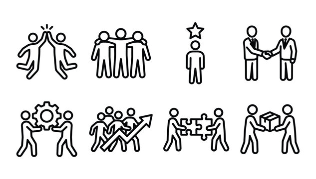 Minimalist linear vector icon set representing teamwork business collaboration corporate partnership success community and professional relationship concepts