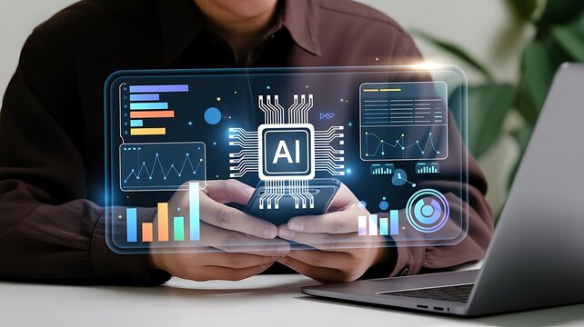 Businessman using smartphone with holographic AI chip and data visualization charts