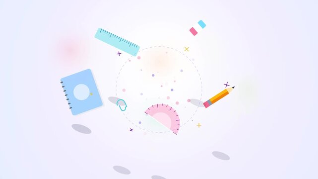 Floating school supplies and stationery animation on light background