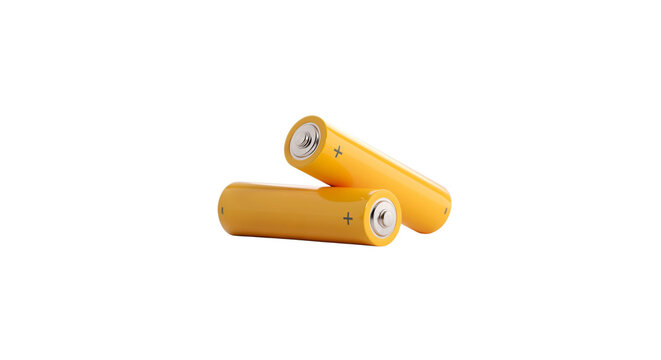 Two yellow AA batteries standing isolated on black background