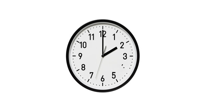 Modern round white wall clock showing two o'clock isolated on black background