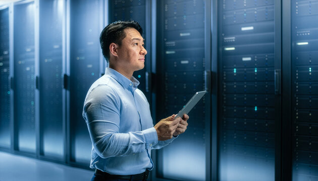 Asian Business IT Technician Inspecting Servers in Modern Data Center With Tablet for Network Management