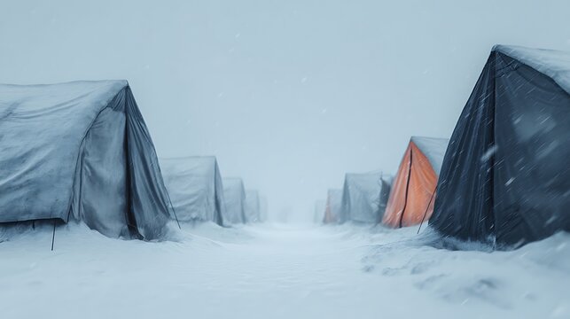 Snow-covered tents stand in a row amid a blizzard, creating a cold and desolate winter camp scene.