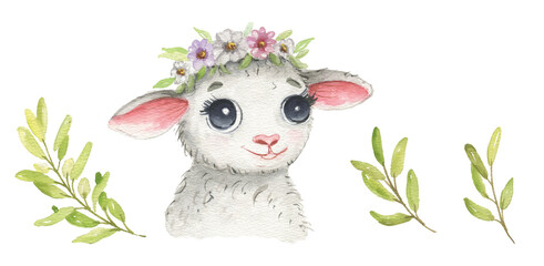Cute watercolor lamb - cute little baby sheep with floral crown, pink purple flowers, green leaves. Illustration for nursery, baby shower, children card. © NATALIA