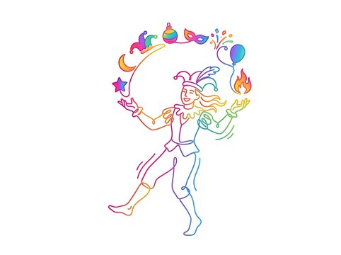 IA generated continuous line art of a carnival jester juggling festival icons with a rainbow gradient.
