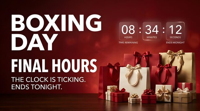 Boxing day sale is ending soon final hours countdown with gifts on red background
