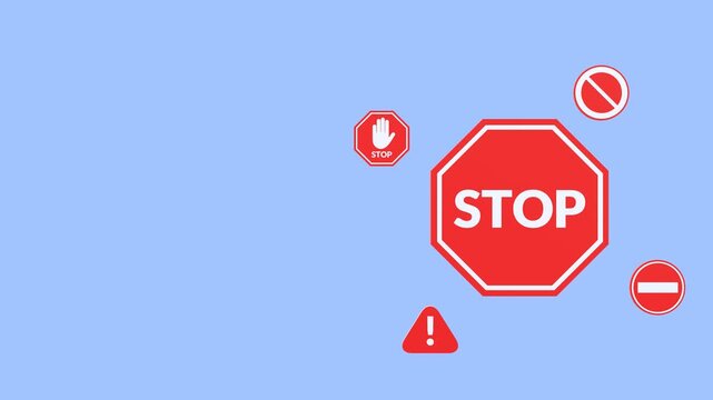 Red stop signs and warning icons floating on light blue background