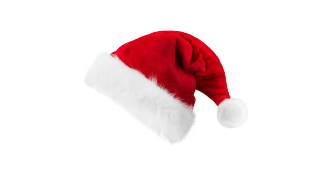 Festive red Santa Claus hat with white fur isolated on black background