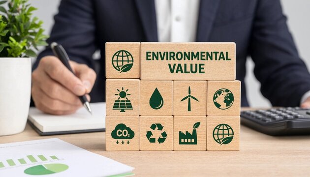 Professional writing environmental value blocks with business person