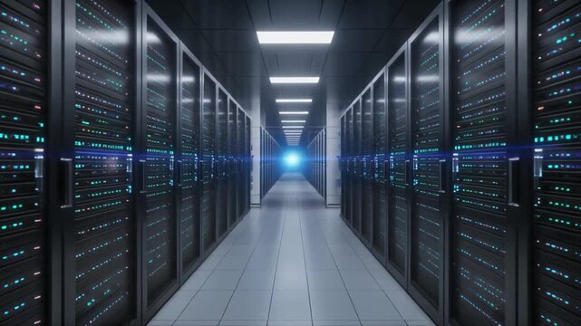 Futuristic Data Center Corridor with Blue Cybersecurity Scan