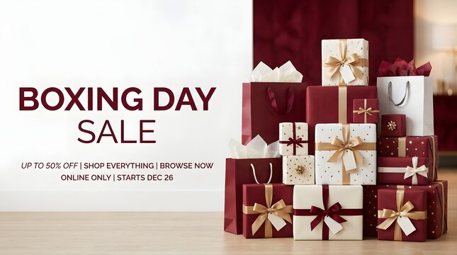 Boxing day sale promotion with stacked gifts and elegant red and white decor