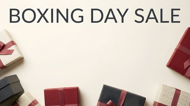 Boxing day sale announcement with wrapped gifts on a clean white background