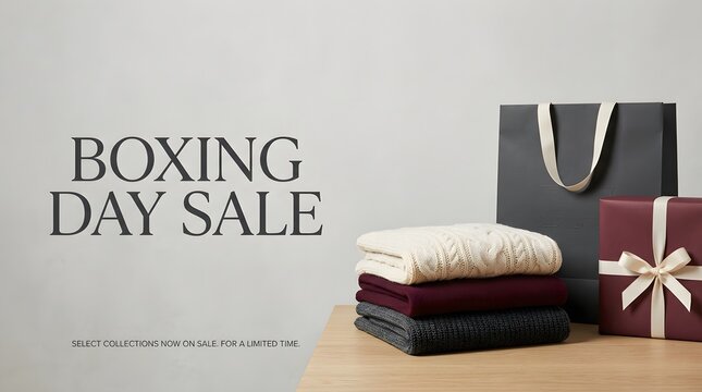 Boxing day sale advertisement with folded towels gift and shopping bag display