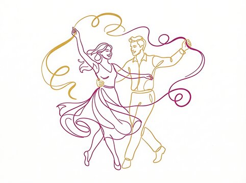 IA generated continuous line art of romantic dancing couple surrounded by festive ribbons and streamers isolated on white background.   