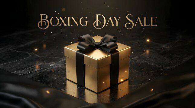 Boxing day sale golden gift box with ribbon and sparkling background festive promotion