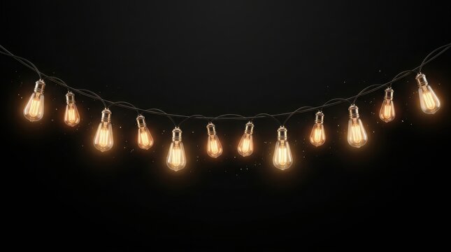 Edison bulb string lights glowing warmly against a dark background with bokeh