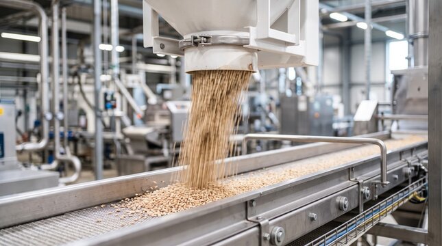 Industrial machine pours golden grain kernels onto a metallic conveyor belt inside a clean automated food processing production facility plant