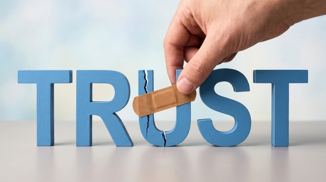 Human hand applying adhesive bandage onto broken blue wooden letter U forming the word trust with soft studio lighting