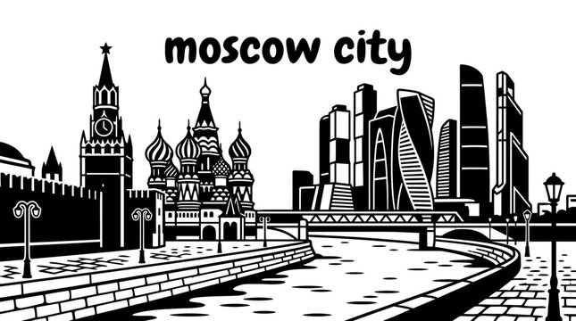 moscow city skyline urban architecture downtown landmark travel tourism world famous destination black and white vector kremlin redsquare russian heritage churches museums river monuments