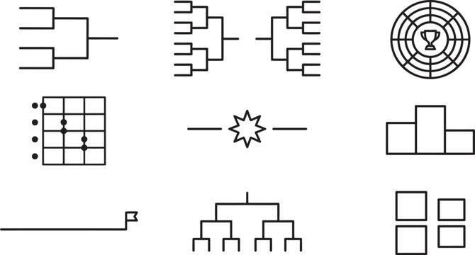 Tournament Bracket and Championship Icon Set Featuring Sports Playoff Schematics Trophy Target Winner Podium and Line Chart Thin Outline Vector Illustrations