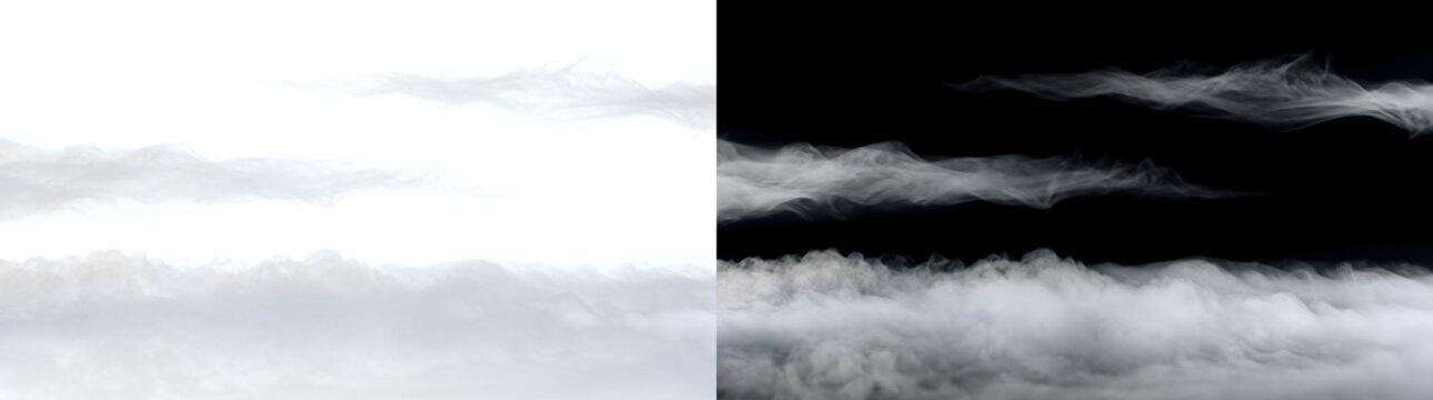 Smoke streaks drifting in three horizontal layers above a low rolling ground bank for atmospheric overlays in PNG, Transparent and Black Background Versions