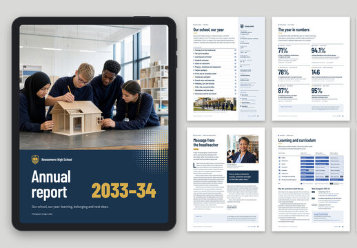 High School Annual Report Template, Secondary Education Brochure & Academic Review Booklet with Statistics and Infographics