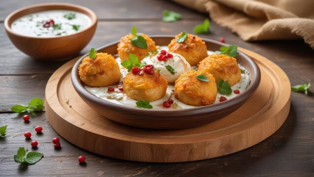 Crunchy dahi vada or bhalla on a wooden plate with yogurt and spices