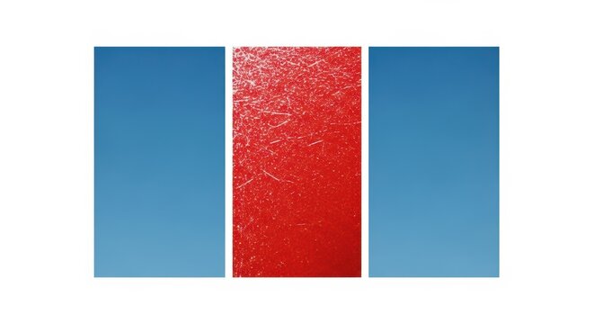 Abstract triptych of blue gradient sky panels flanking a central textured red panel on white background