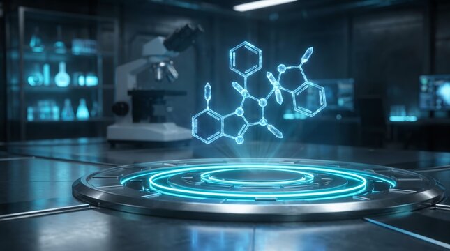 Glowing blue molecular structure hologram floating above a metallic circular platform in a high tech medical science research laboratory environment