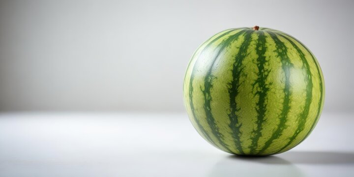 Fresh and juicy watermelon sits alone on a white surface with a slight blur effect giving it a sense of depth, fruit