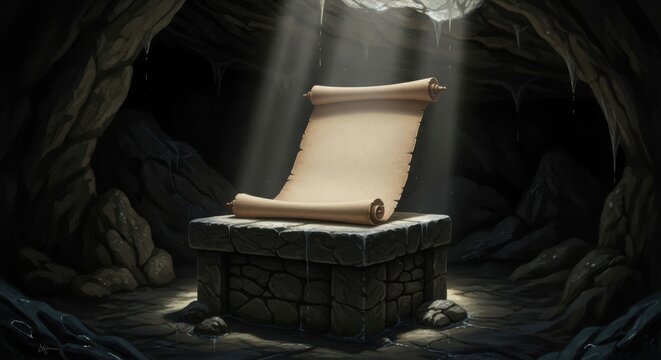 Ancient scroll on a stone pedestal inside a dark mystical cave with ethereal lighting